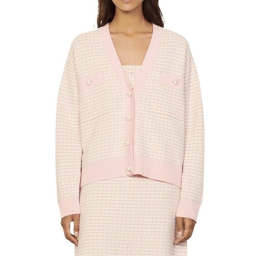 Sandro Pink and Cream Cardigan with Pearl Accents Buttons Size 1